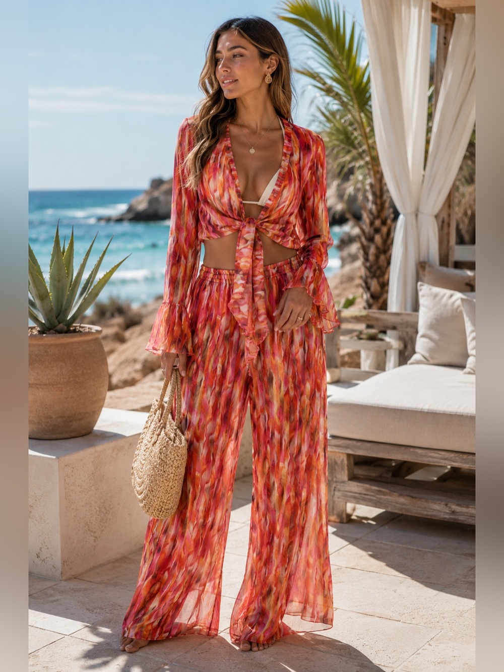 Dotto Abstract Print Sheer Resort Set M/L Tie Front Top Wide Leg Pants